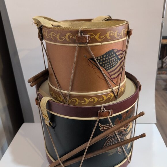 Patriotic Decorative Drums America Flag Bald Eagle Large And Small W/ Sticks - Picture 5 of 7